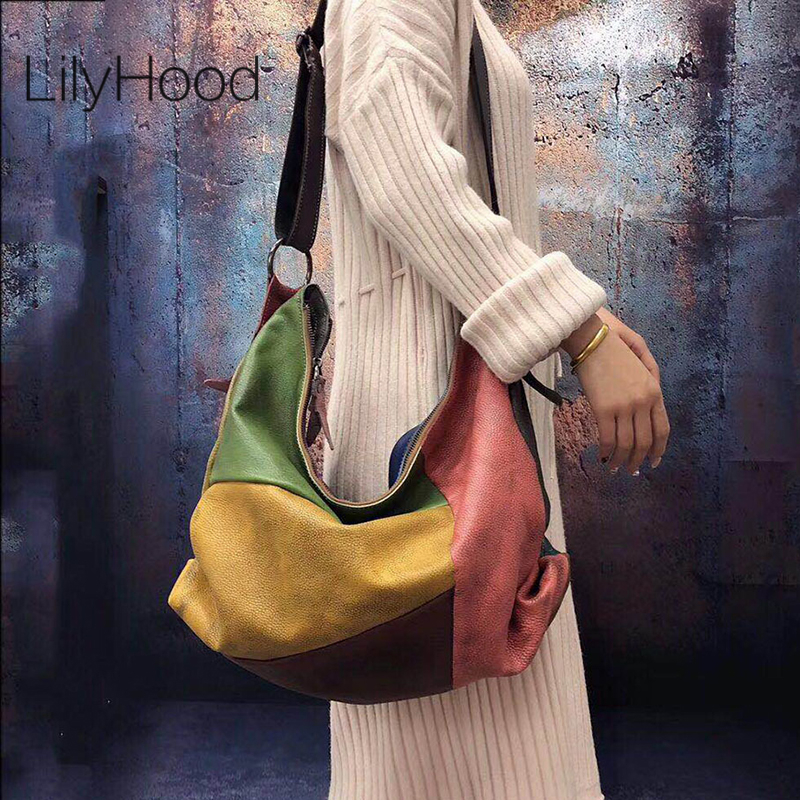 Leather Work Laptop Bag - Oversized Female Genuine Leather Patchwork Hobo